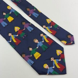 Save The Children Silk Tie Navy Blue Multicultural Kids Holding Hands Novelty